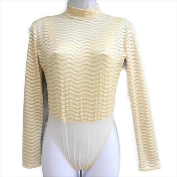 Vintage Tops - Sagaie Paris Bodysuit Chevron Solid Textured Mock Double Snap Bottom Lycra M